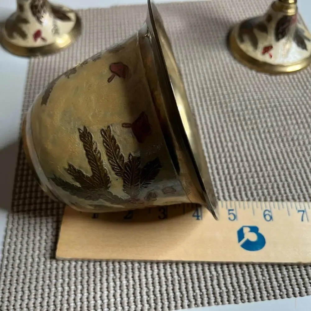 Vintage Brass Candle Holder & Bowl Set Christmas Enamel Made in India Holiday De